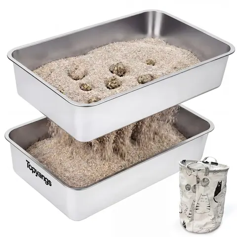 Topyangs High Sided Stainless Steel Litterbox - XL 22.8x14.5 In Food Grade SS, 6in Guard, 6in Rim Spill Prevention, Curved Sieve, Mesh Tray, Minimalist Aesthetic, Odor Control, Easy Cleanup, Lift-and-Go, Quiet Nonslip Mat (Mesh Fits Clumping Formula), Hig