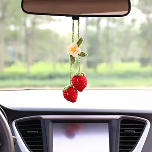 Cute Strawberry Design Car Rearview Mirror Hanging Ornament, Handmade Car Mirror Pendant, Multipurpose Car Interior Decorative Decoration Accessories for Car Home