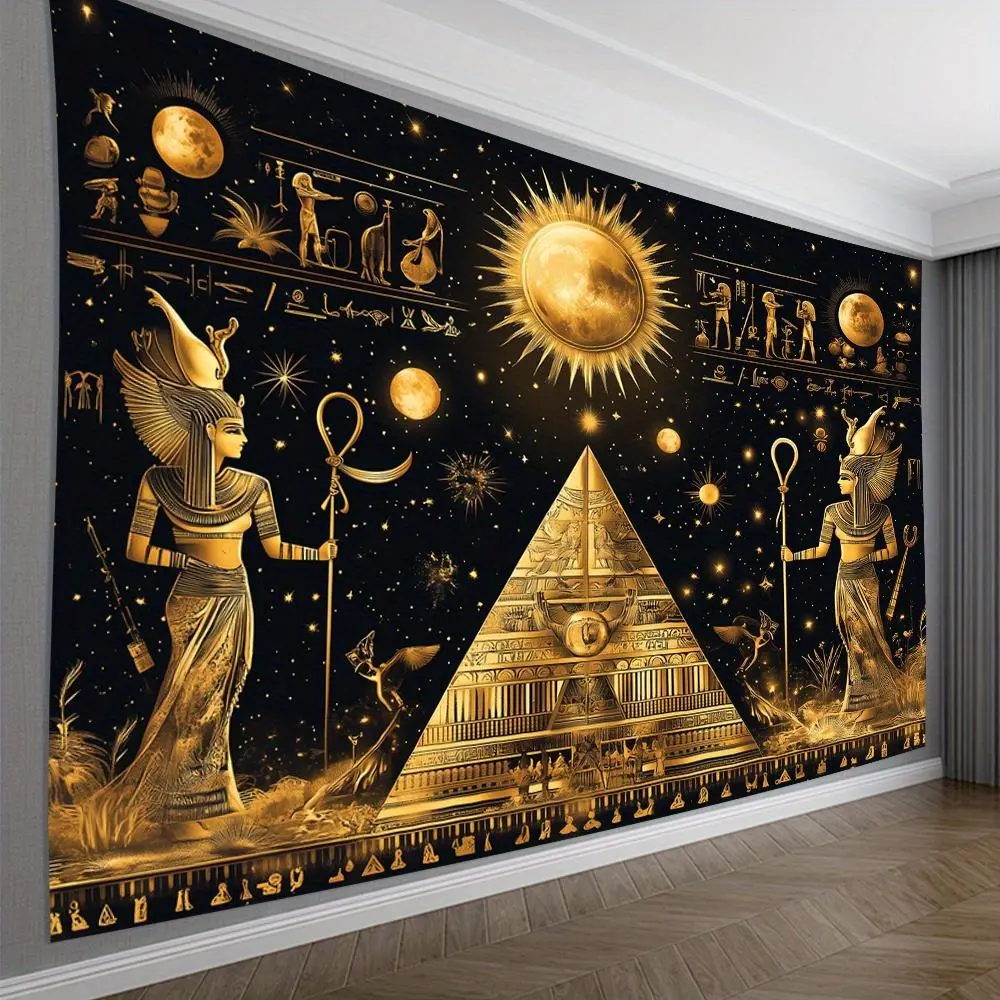 Egyptian Pyramid Tapestry - Ancient Egypt Wall Decor with Sphinx, Anubis, Hieroglyphics - Golden & Black Vintage Egyptian Art - Horizontal Hanging Fabric for Living Room, Bedroom, Office, Party - Easy Hang No Installation Needed - Egyptian-Themed Home Dec