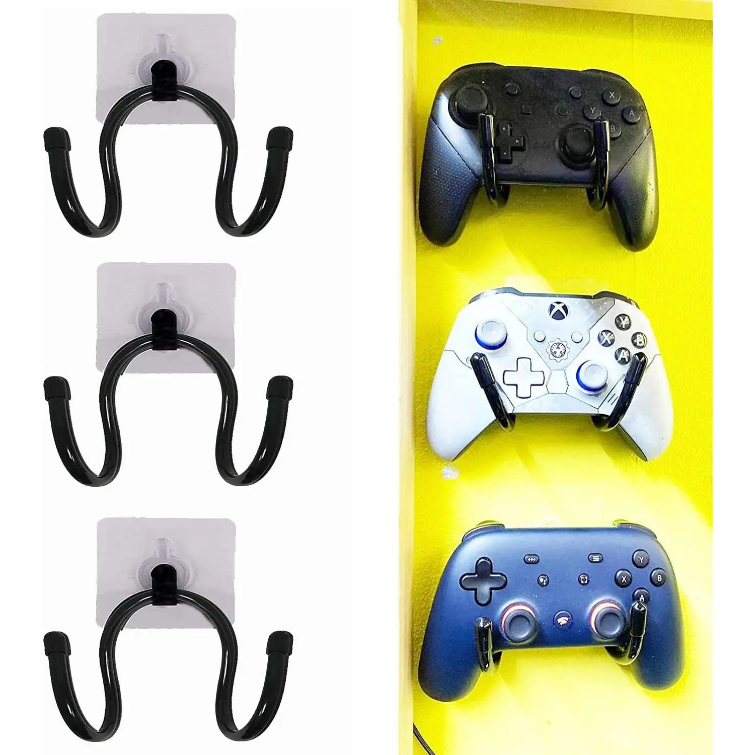 3 Pack Universal Self-Adhesive Game Controller Wall Mount Storage Organizer Stand Holder Hanger for Xbox One PS4 Switch Pro Controller,Headphone,Cables,etc - No drilling, Stick on