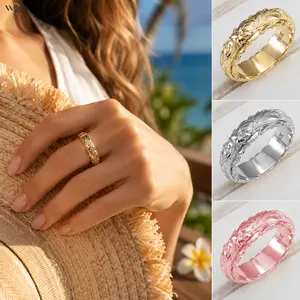 Hawaiian Engraved Floral Leaf Band Ring for Women, Comfortable Romantic Statement Ring in Gold, Silver & Rose Gold Tones for Everyday Wear