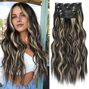 Clip in Hair Extensions for Women Long Synthetic Natural Thick Hair Extensions Clip Ins Soft Curly Wavy Hairpiece Black Mix Blonde
