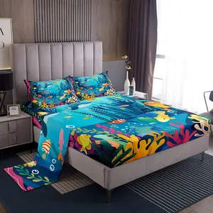 Ocean Decorative Bed Sheets Set,Beach Sheet Set for Boys Girls Teens,Life Sea Sheets with Deep Pocket Fitted Sheet,Coastal Soft Bed Set