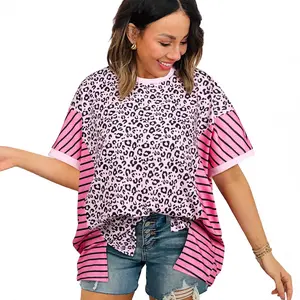 Women's Casual Short-Sleeve Striped Leopard Print Colorblock Patchwork Drop-Shoulder Side-Slit Pullover Sweatshirt Tops for Ladies' Daily Clothes