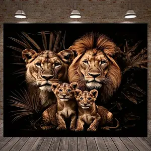 1pc 2D Flat Lion Family Portrait Canvas Wall Art - Durable Polyester, Rustic Style, Feather-Free, No Power Needed, Use for Party & Home Decor, Realistic Animal Theme with Dark Background