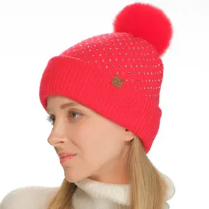 C.C Dazzling Rhinestone Pom Beanie for Women - A Glamorous and Cozy Winter Essential with Sparkling Accents casual knit hat casual warm