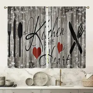 2pc kitchen cutlery print curtains, with a rod and pocket design, make a perfect gift for friends. Suitable for home décor in dormitories, bedrooms, living rooms, kitchens, dining rooms, studies, cafes, hotels, and other settings
