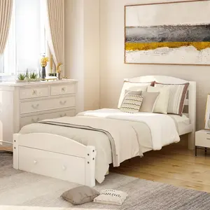 Solid pine double bed frame with storage drawers (casters and knobs), 10 sturdy wooden bars for airflow and support, elegant curved headboard, walnut veneer, no mattress, easy to assemble