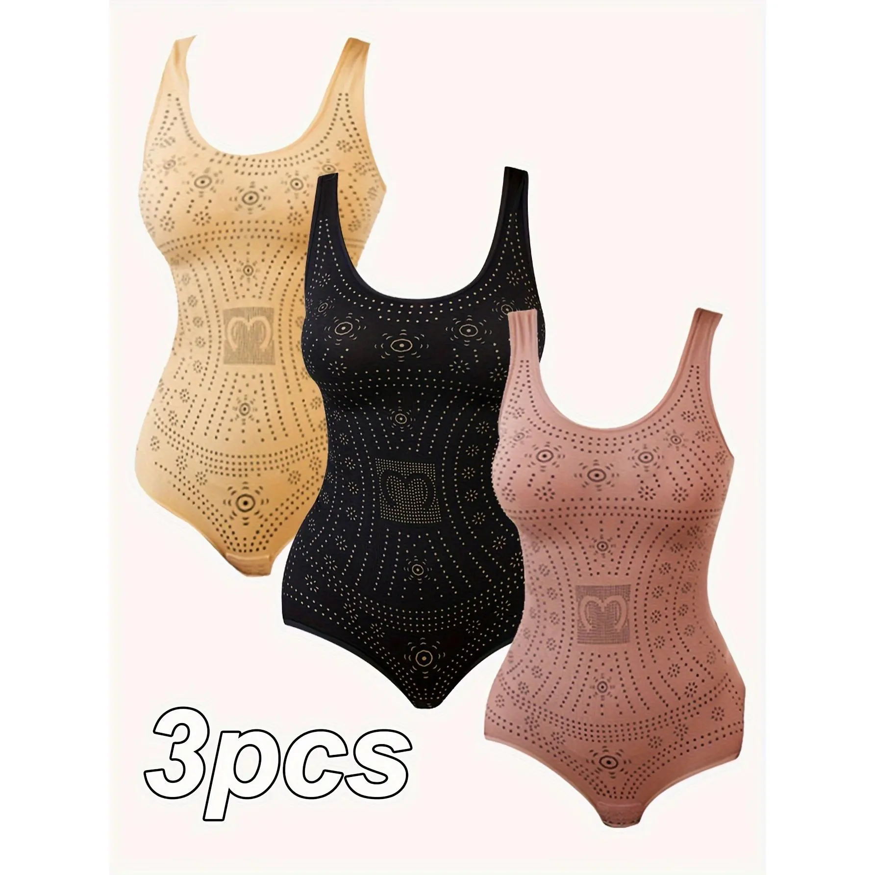 3pcs Women's High-Elasticity Bodysuits in Maroon, Beige, & Black - Nylon/Spandex Blend, Non-See-Through, Knit Fabric, Round Neck, All-Season Wear