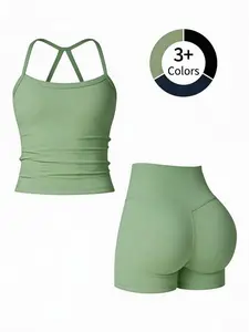 Women's Plain Quick-Dry Fleece Sportswear Set, Tank Top & Shorts Suit, High-Waisted Butt-Lifting for Gym & Outdoor Sports, Spring Summer Fashion, Activewear Set