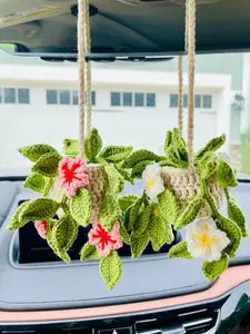 Crochet Cherry Blossem Potted Plant Rearview Mirror Decoration, Succulent Hanging Plant, Car Accessory, Birthday Gift,Gift for Mom/Her/Women