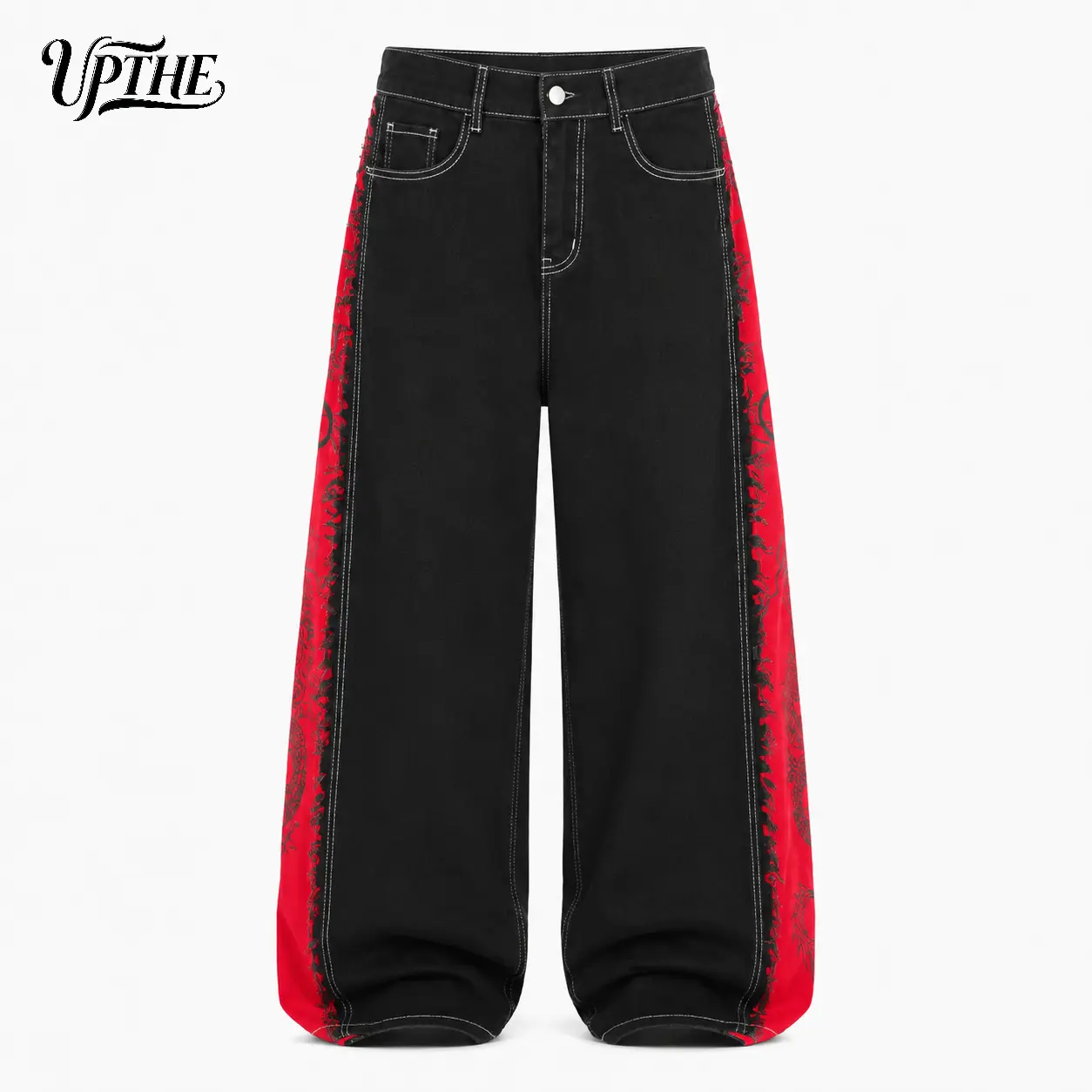 UP THE Men's Baggy Denim Jeans - Dark Wash Plain Wide Leg, Cuffed Hem & Button Detail, Casual Fashion Streetwear, Hip Hop Ready, Roomy Street Fit, Machine Washable Pants (Black, Gray)