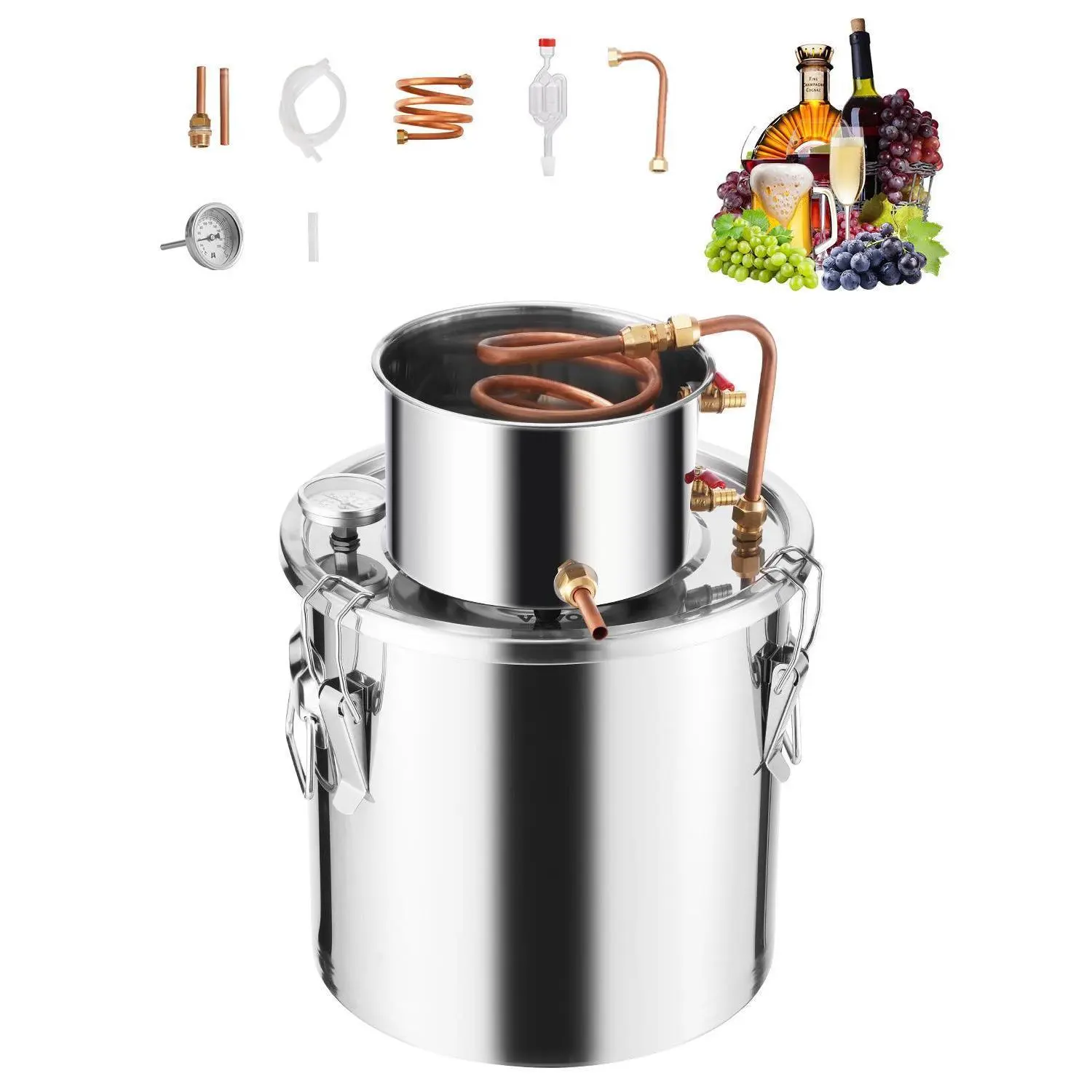【Summerfinds】VEVOR Alcohol Still,  , 5 Gal / 19 L Stainless Steel Water Alcohol Distiller with Copper Coil, Home Brewing Refining Fermentation Kit with Thermometer, for Wine Whisky Brandy, Silver
