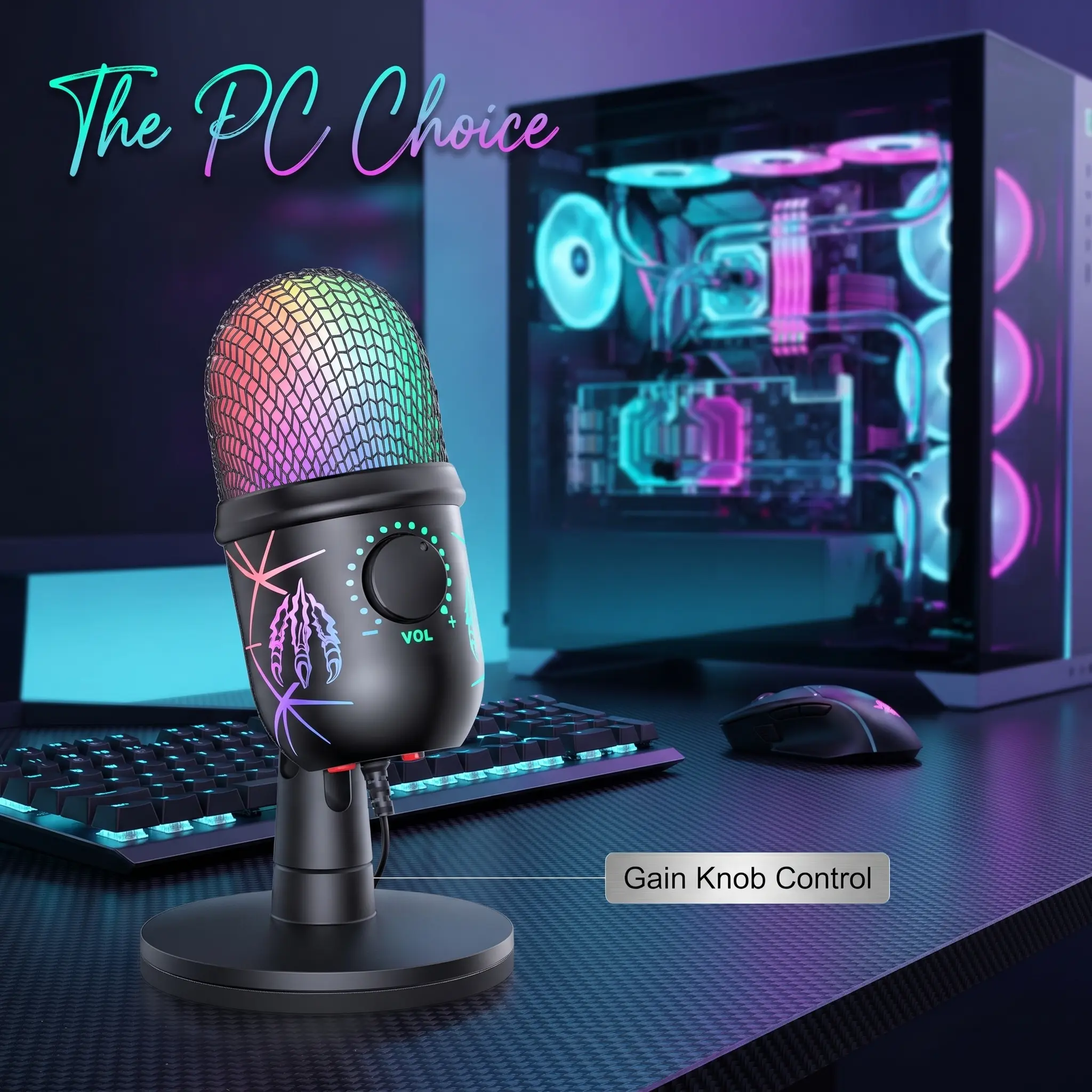 Dynamic RGB USB Gaming Microphone - Cardioid Noise Cancelling Desktop Audio Mic with 1-Click Mute, Gain Knob, Headphone Jack for PC Streaming, Podcasting