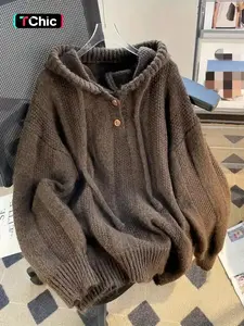 Women's Oversized Loose Hooded Button Up Drawstring Adjustable Long Sleeve Pullover Sweater Autumn Winter Casual Solid Color Warm Thick Chunky Cozy Soft Jumper Sweater Top Women Fall Outfit Winter Sweater for Women Garment Womenswear Lady Sweater