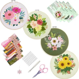 4 Sets Embroidery Set for Beginners, Art Craft, Easy Sewing Embroidery Kit Includes Embroidered Clothes with Patterns, Embroidery Hoops, Instruction Manual, Color Stitch Set (3)