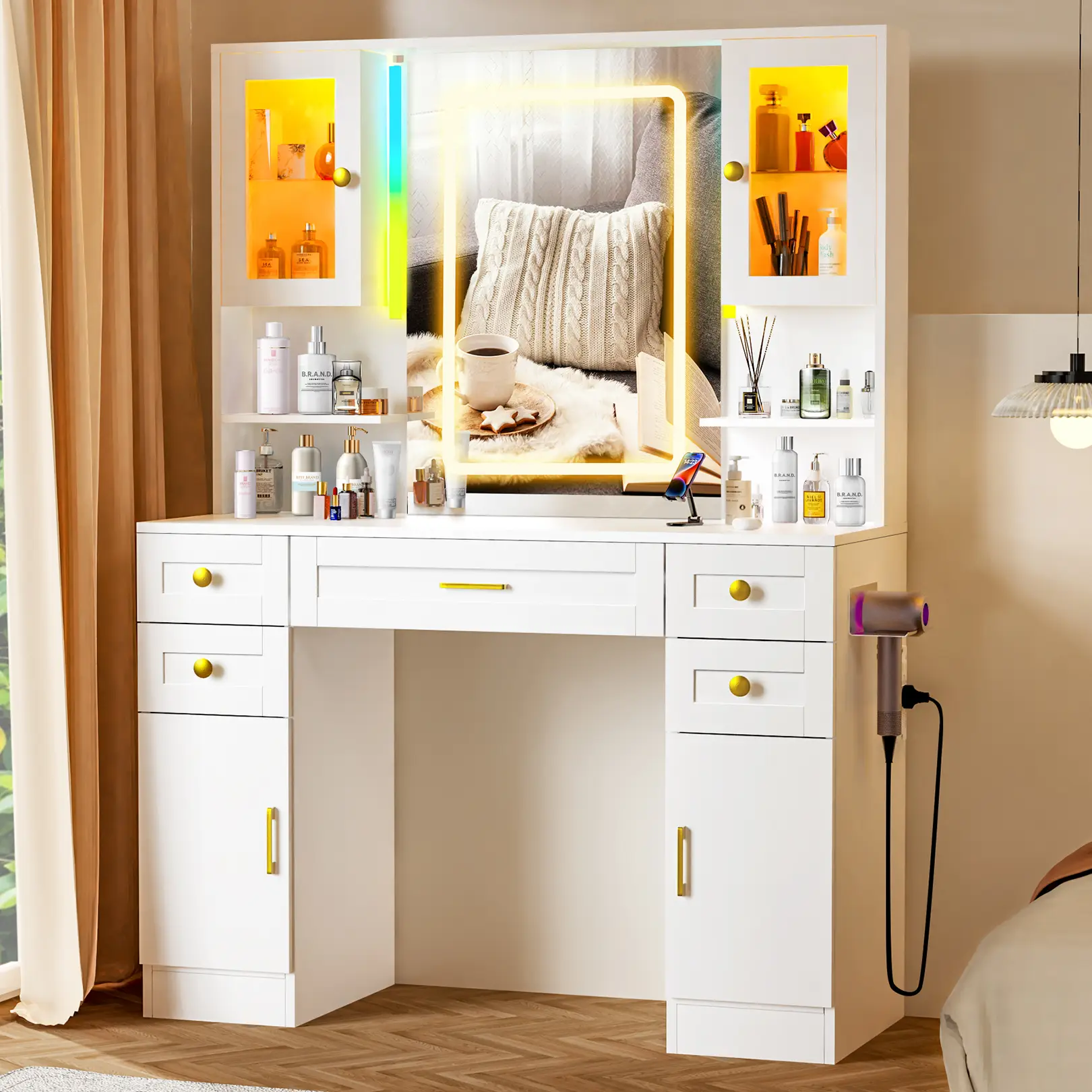 【FallFreshness】[Gift Idea] RIWENGO Makeup Vanity Mirror with Light, Large Women Vanity Desk with Touch Screen Mirror Lights & Power Outlet, 4 Cabinet,