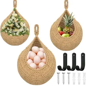 Hanging Fruit Basket 3 Pack Wall Storage Organizer Cotton Rope Boho with Hooks and Screws for Kitchen Decor