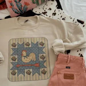 Vintage Hen Quilt Patch Gildan 50/50 Sublimation Design T-Shirt or Sweatshirt Comfy Fleece-Lined True to Size Fit