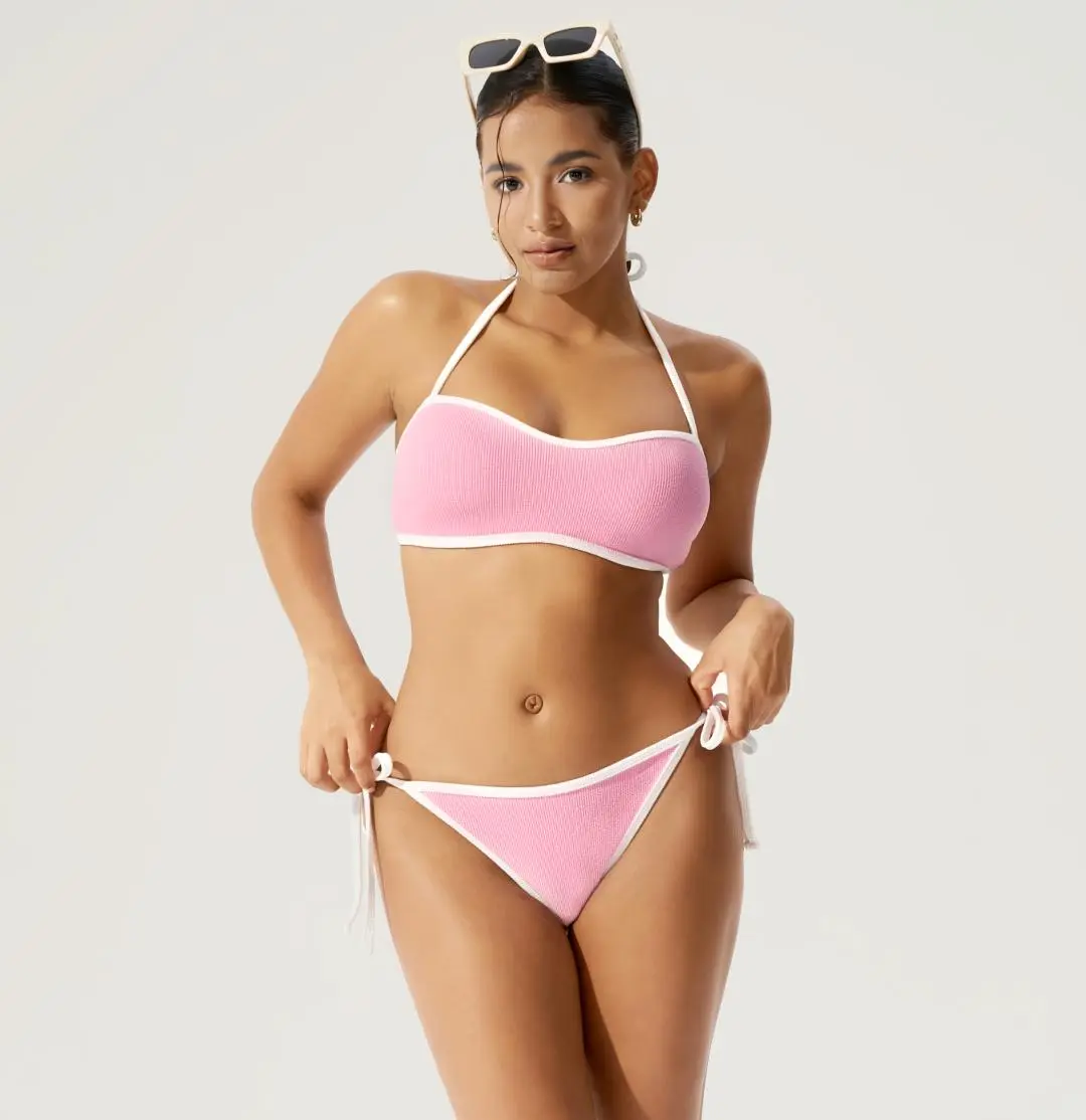 BodyTips High Slit Lace Up Ribbed Bikini Swimsuit Cool Feel Skin Friendly Fit Flexible Design Swimwear Clean Look Two Piece Set Popular Beach Style Versatile Bikini For Pool Vacation Summer Sunbathing Water Sports Casual Swim Look Travel Use All Day Use