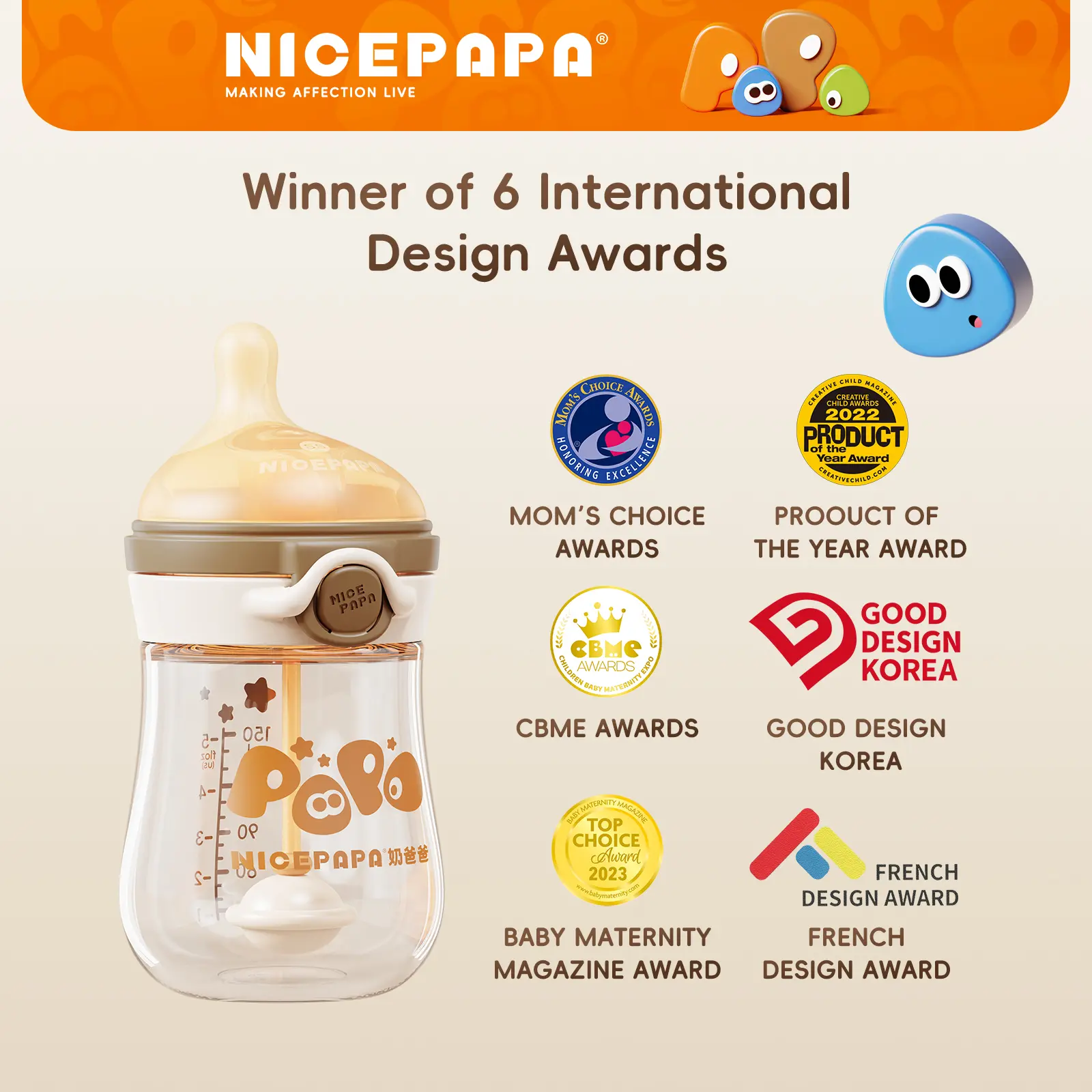 NICE PAPA Newborn Glass Feeding Bottle (5oz) - Natural Response Nipple, Anti-Colic Handle Bottle, Ideal for Infants, Essential Baby Outdoor Use Item, Glass Bottles For Babies, Bottle Nipples