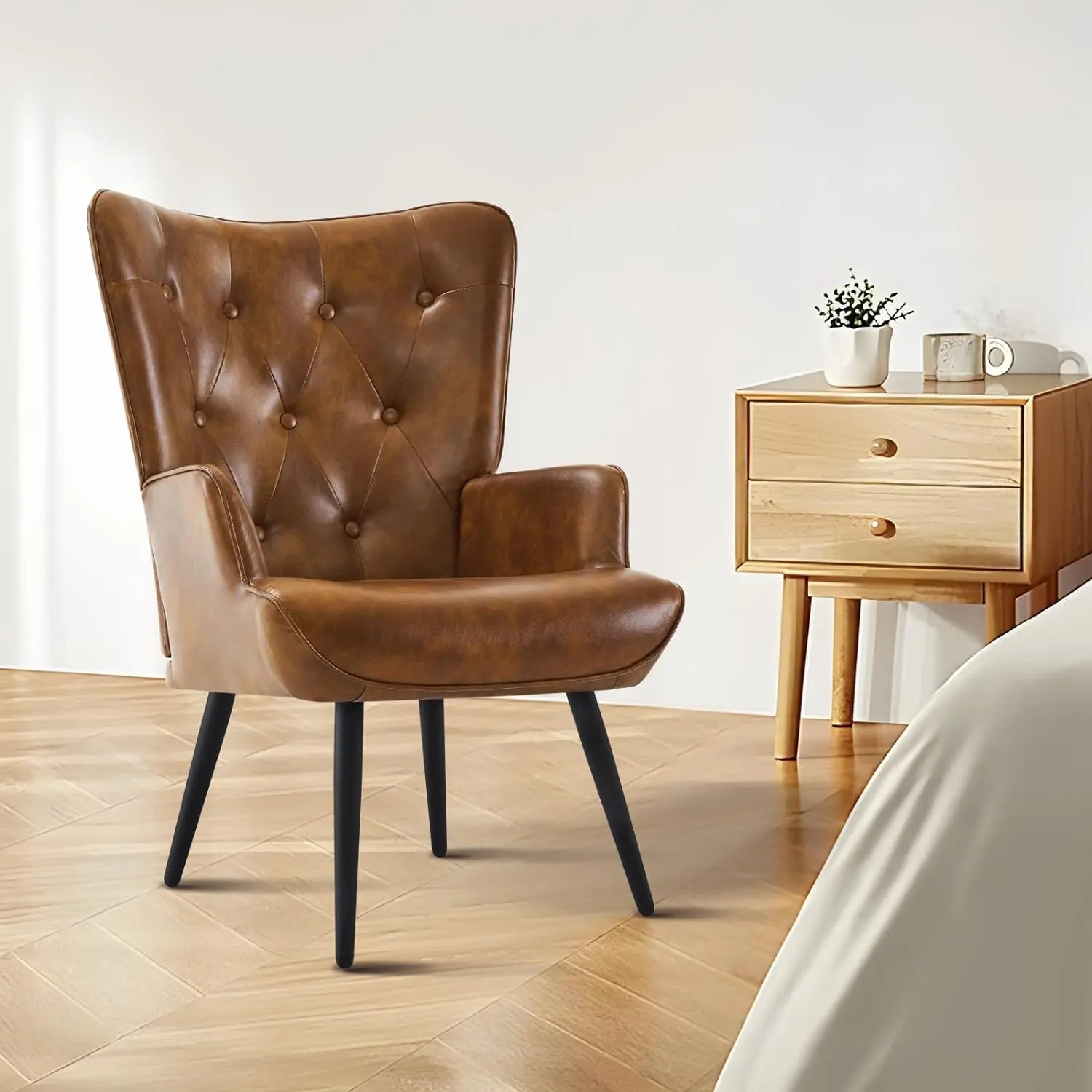 Leather Accent Wingback Chair with Tufted Back, Mid Century Modern Living Room Chairs; Comfy Armchair Leisure Office Vanity Bedroom Waiting Room