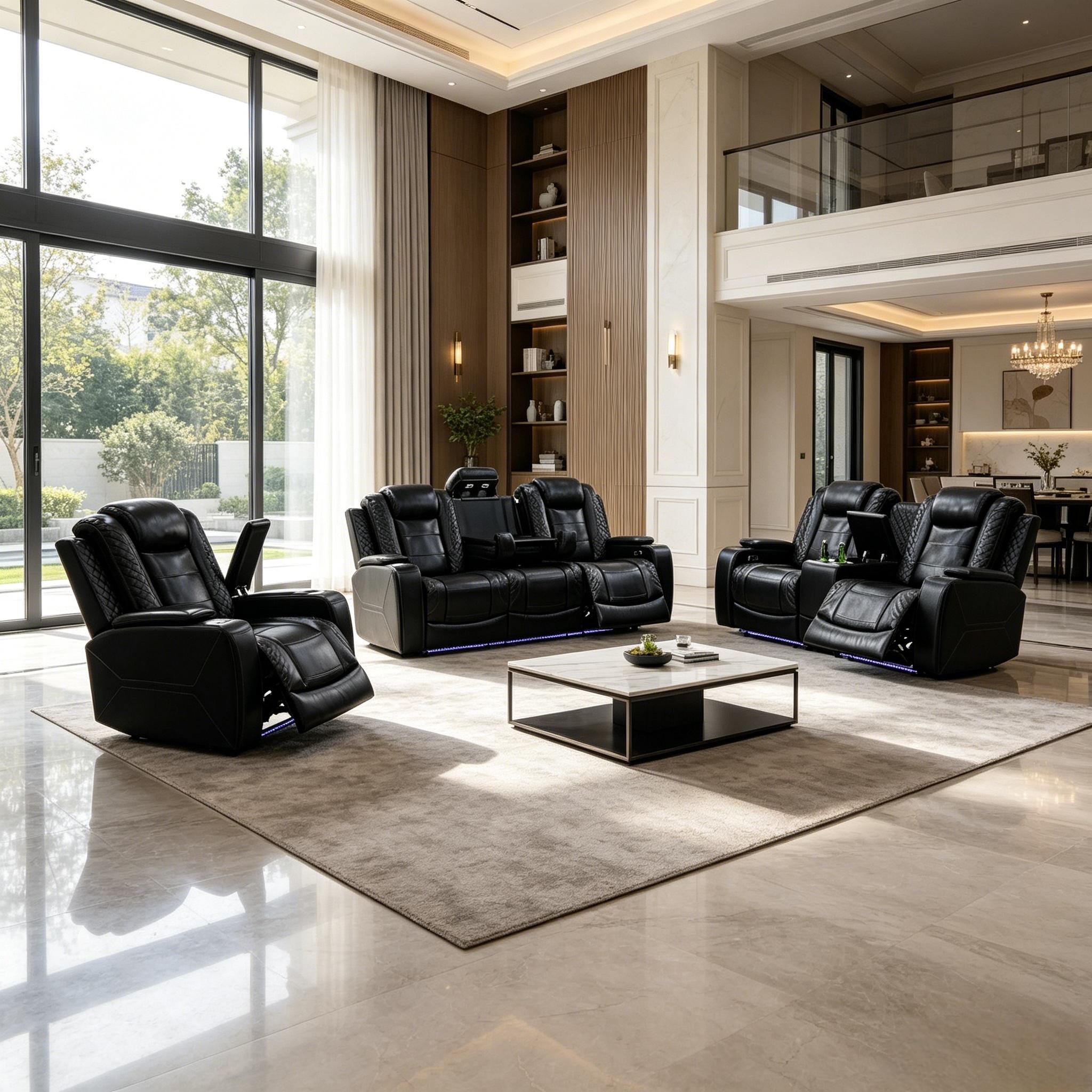 5-Seat PU Leather Recliner Sofa Set - Sturdy, Durable Indoor Living Room Furniture with LED Lights, Coffee Table, Storage Console, Cup Holder, USB Ports, Ergonomically Adjustable Recliner Chair