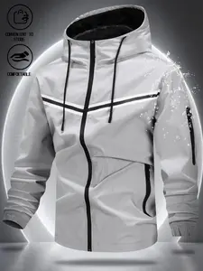 Men's Reflective Hooded Functional Jacket, All-Season Lightweight Portable, Drawstring Cap, Fitness Enthusiasts, Running Exercise, Night Hiking, Athletic Jackets