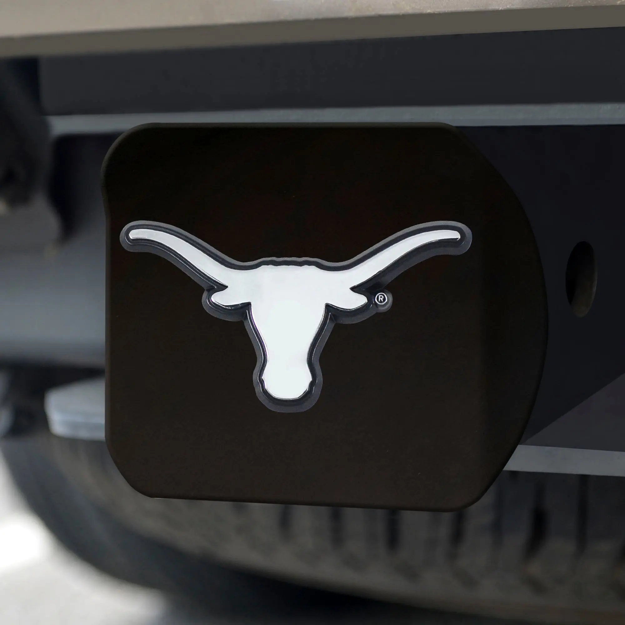 Texas Lonhorns Chrome Emblem On Black Hitch Cover