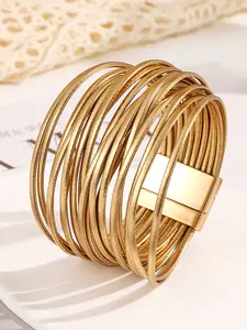 Gold Multi-Layer Leather Wrap Bracelet, Fashionable Bracelet, Stackable Bracelets, Bold Bohemian Statement Jewelry with Magnetic Clasp & Textured Leather Strands for Women's Daily Wear, Party & Fashion Statement Looks