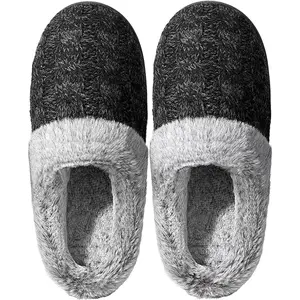 Women's Memory Foam Fuzzy Slippers Knit house shoe for Women Comfy Wool-Like Lined Slippers Indoor Outdoor Girl Footwear Flipflop Slide Nail Dark Blue foam slipper Black