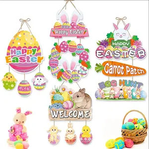 4 PCS Easter Bunny Door Hanger Decor Set - Cute Egg & Rabbit Themed Welcome Signs, Weather-Resistant Easy-to-Hang Ornaments for Home Party Yard Outdoor Festive Decoration