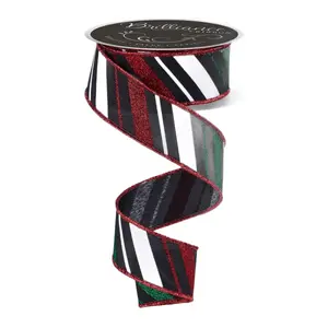 1.5" x 10yd Multi Diagonal Stripe Ribbon – Black, White, Red & Emerald
