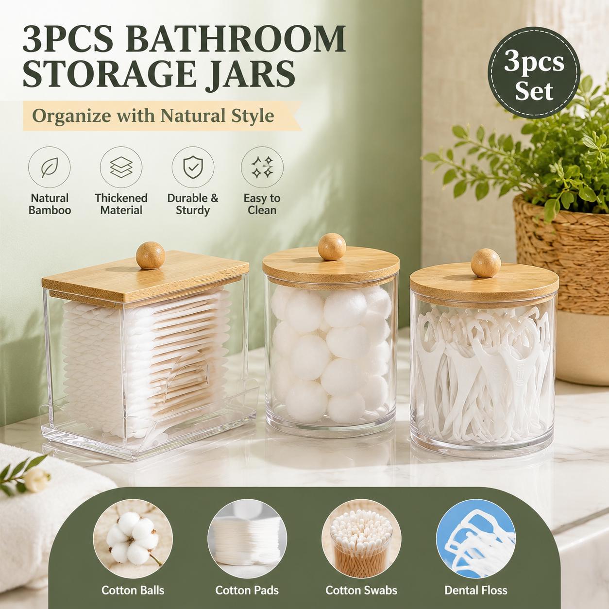 Clear Storage Box with Wooden Lid, 3 Counts Cotton Balls Cotton Swabs Storage Container, Household Storage Box for Home Dormitory Bathroom Hotel, Bathroom Counter Organizer