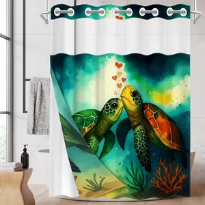1PC Double Layer Shower Curtain, No Hooks, Watercolor Couple Sea Turtle Print Waterproof Fabric, Calming Ocean Bathroom Decor, Whimsical Romantic Aesthetic, Hotel Bathroom Accessory, Detachable Buckle Shower Curtain and Liner, Bathroom Room Divider