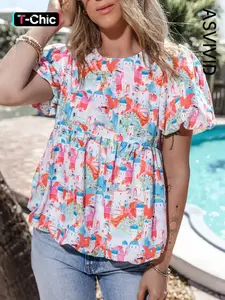 Women's Sweet Ruffled Crewneck Abstract Dream Castle Lovely Print Babydoll Top Blouse