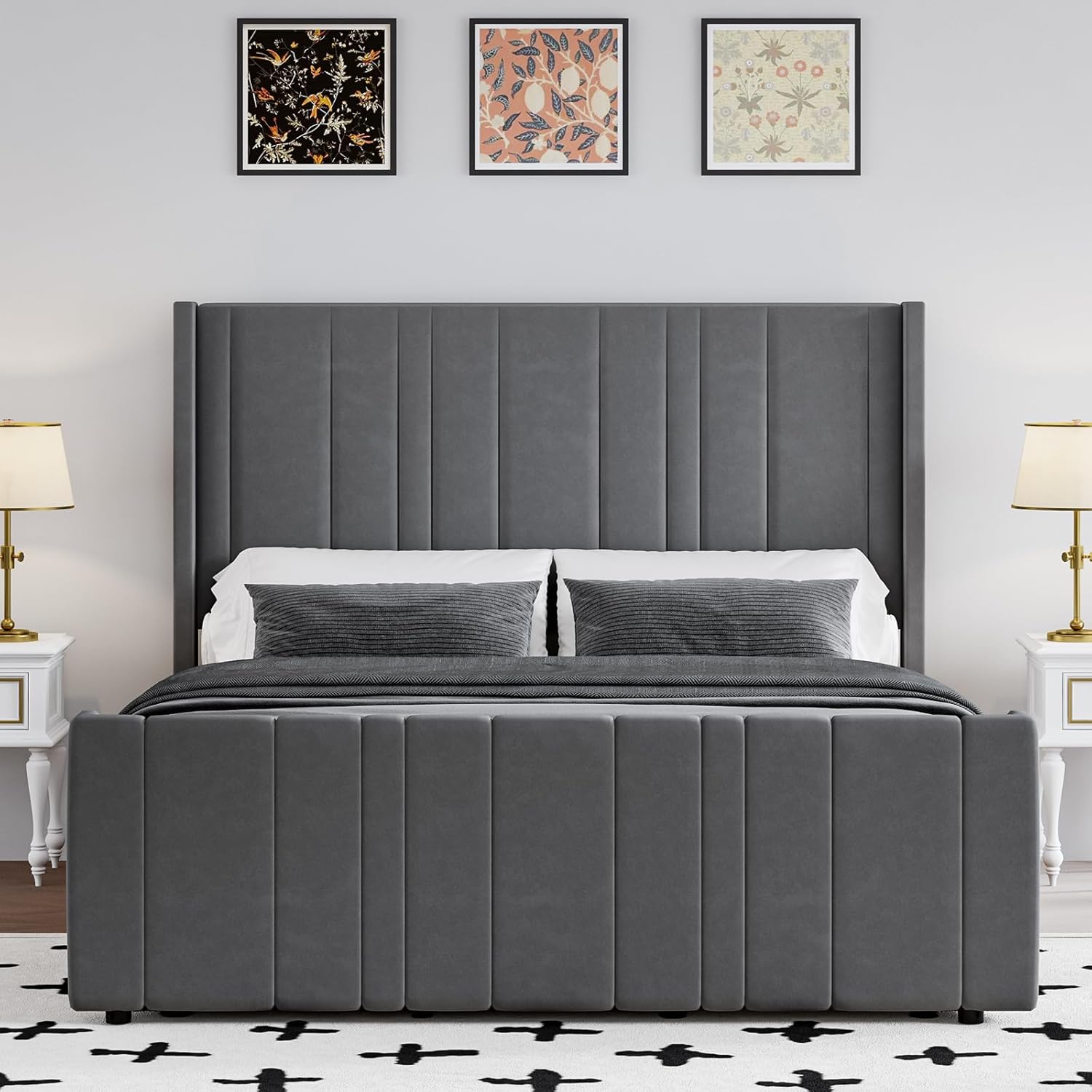HOMBCK Bed Frame, No mattress, with Vertical Channel Tufted Headboard & Footboard, Premium Velvet, Noise Free, No Box Spring Needed, Easy Assembly