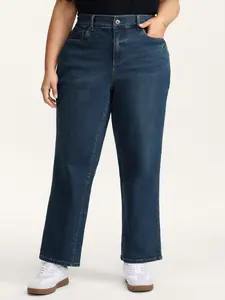 Women's Plus Size Retro Wash Stretchy Waist Spandex Straight-Leg Jeans - Patchwork Bottoms with Pockets, M-6X 2026 Summer Pick for Mothers Day, Comfortable Fabric Clothes with Flattering Fit 2026 Summer Vibes