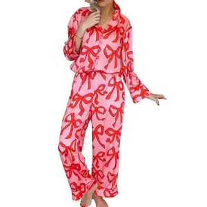 Long Sleeve Winteroutfit Bow Print Loungewear Button Down Pajamas Set for Women - 100% Polyester, Comfortable Sleepwear, Versatile for Home & Travel