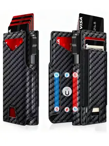 New Men's Black Leather Slim Fit Double Fold Magnetic Suction Opening RFID Shielded with POP-UP Metal Card Slot Slim and Minimalist design Smart POP-UP Anti Theft Wallet with Cash Buckle