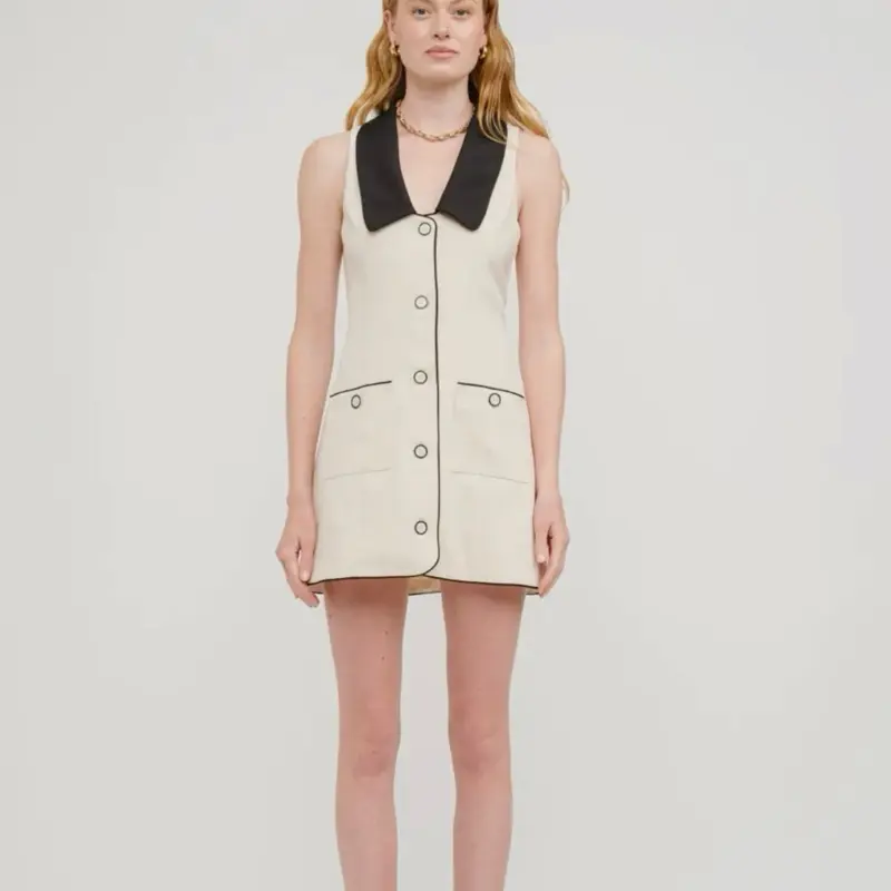 Sofie The Label Isla Cream Dress with Black Collar and Button Details for Women's Fashion