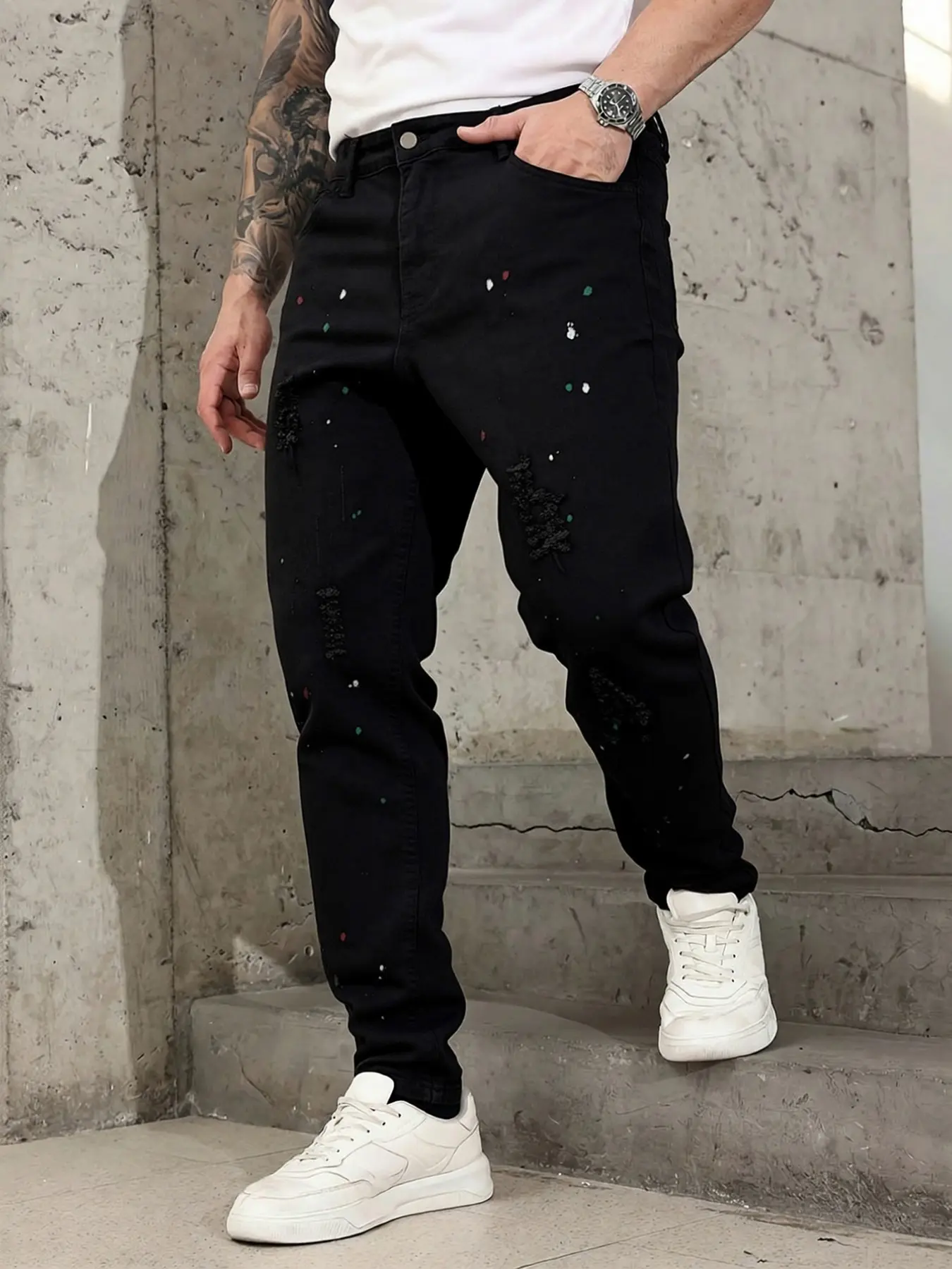 Four Seasons Men's Black Y2K Stone Washed Stretch Denim Jeans, Dark Stonewash Jeans, Casual Denim Fit, Pocket, Streetwear Loose Straight Splatter Ripped Design, Hip-Hop Classic Retro High Street, Menswear