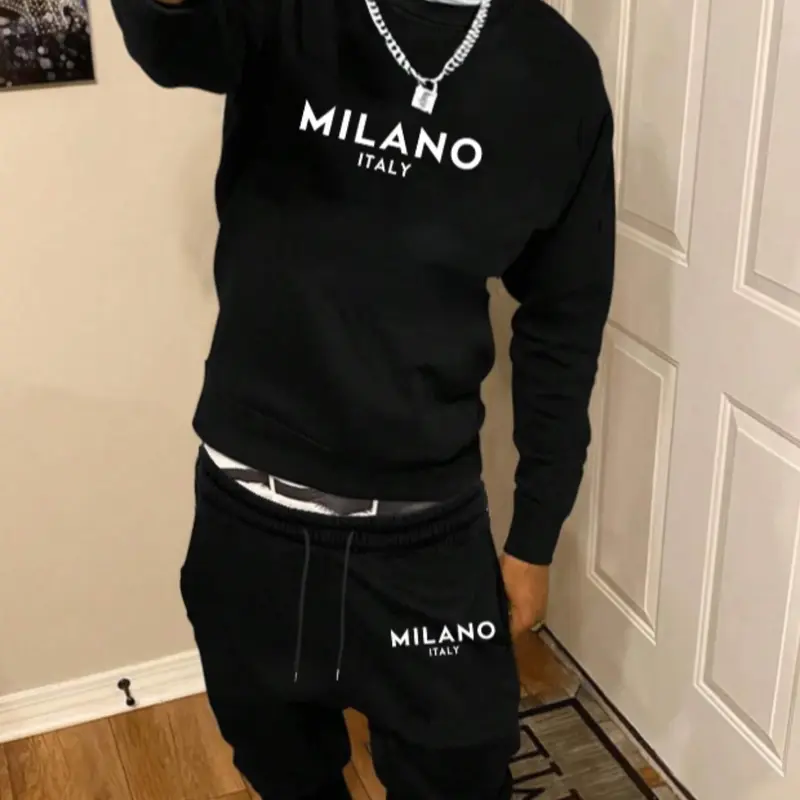 Men's Letter Print Knitted Sweatshirt & Sweatpants Set, Casual Regular Fit Long Sleeve Pullover & Jogger Pants, Men's Fall & Winter Clothes for Daily Wear