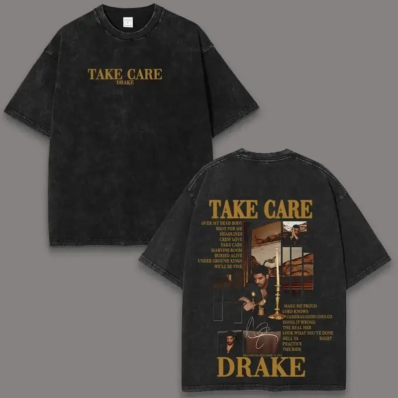 Men'S Pure Cotton T-Shirts, Drake Take Care Acid-Washed T-Shirts And Vests, Y2K Retro Rap Music Graphic T-Shirts, Loose Fit, Unisex Soft Pure Cotton Streetwear, Unique Fan Gifts, Suitable For Both Men And Wome