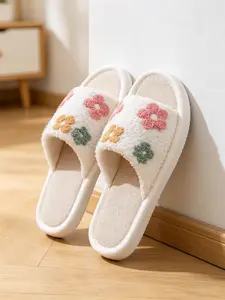 🌿French Countryside Plush Slide Slippers, Soft Teddy Fleece Lining, Cute Floral Embroidery, Breathable Insole, Thick Anti-Slip Sole, Spring & Fall Comfort, Footwear