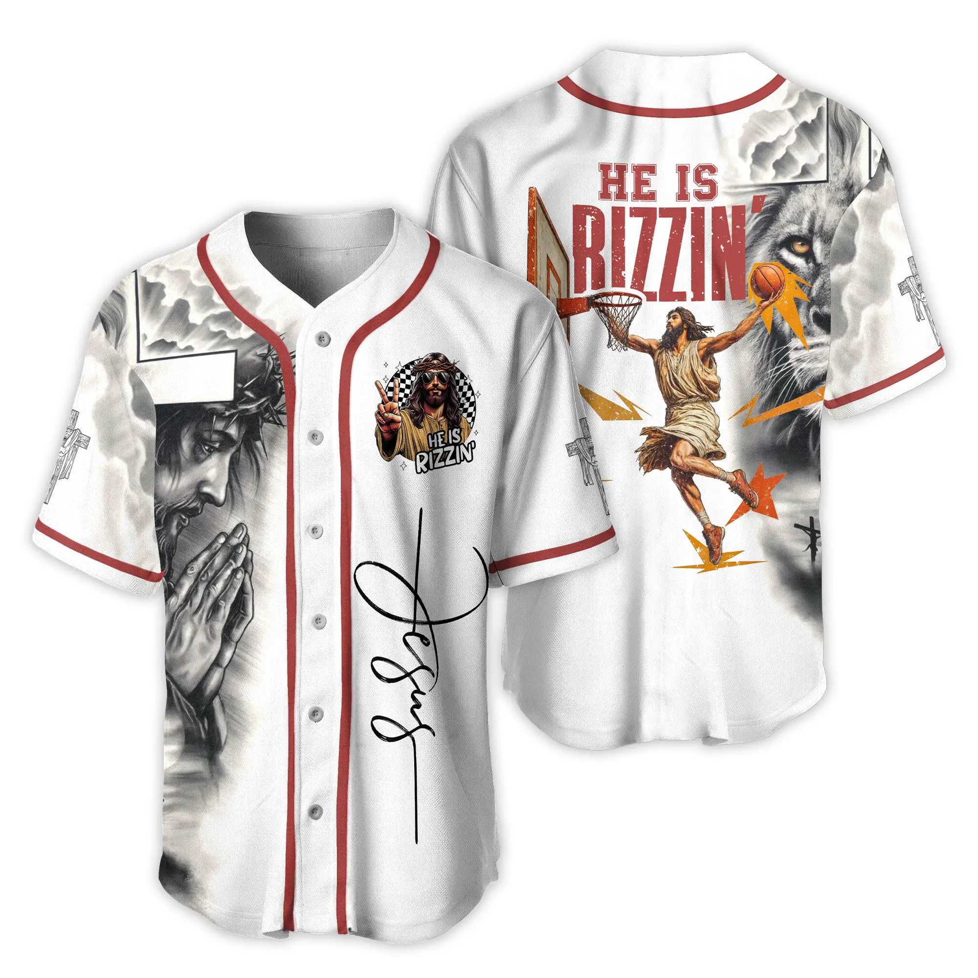 He Is Rizzin Jersey Shirt, Jesus Playing Basketball, Trendy Funny Jesus Baseball Jersey