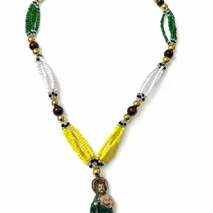 San Judas Tadeo Necklace for Devotion & Style Large Unique Design Handmade with 5 Strands of Seed Beads in Yellow Green White Gold-Tone & Wood-Style Beads 19 Inches Length Boho Style Jewelry