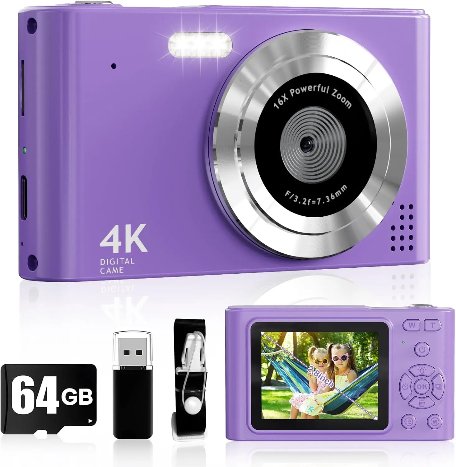 Digital Camera,  Camera1080P, Vlog Camera with 64GB Card, 16X Zoom Anti Shake, Card Reader, 44MP Compact Portable Small Point Shoot Digicam  for  Student  Teen Girl Boy(Pruple)