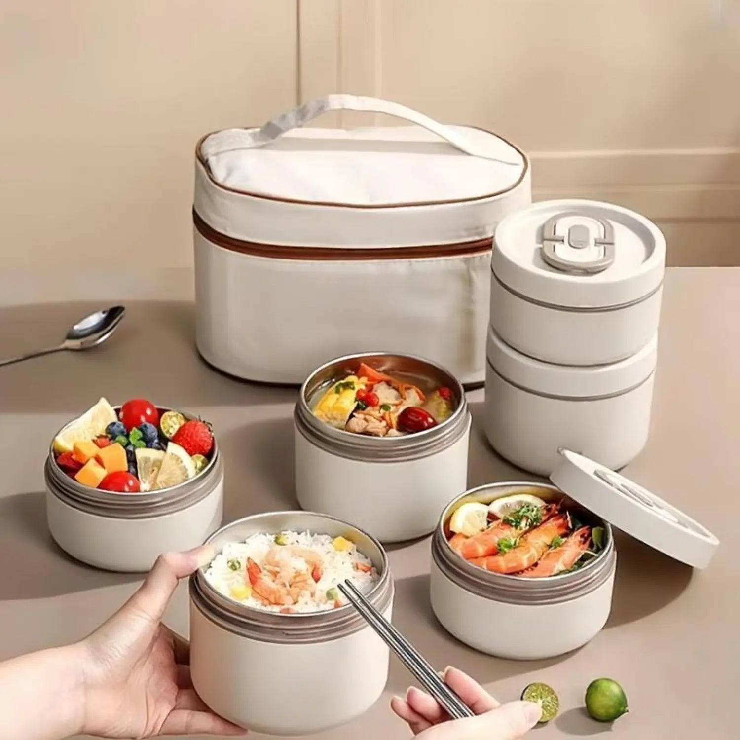 ONESHOW HOME 4-Layer Large Capacity Stainless Steel Lunch Box Set with Lid Chopsticks & Bag& Portable Reusable Bento Box for School Camping Beige Thermal Insulated Leak proof Container  mid year sale deals for you restock summer wins