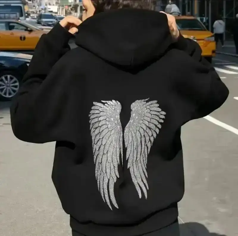 Cozy Knit Sweater, Y2K Retro Sequin Angel Wings Hoodie 2026 New Harajuku Sweet Lady Casual Streetwear Oversized Shining Sweatshirt Unisex Gothic Shinny Hoodies for Daily Wear Work Party Outfits, All Year Style, Simple